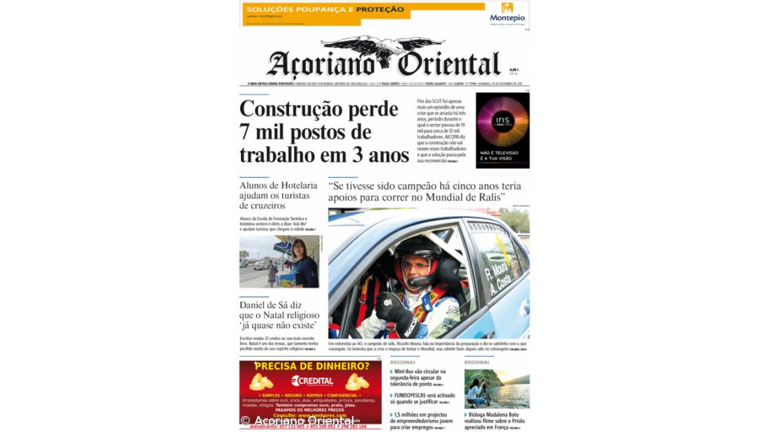 O Açoriano Oriental tem em manchete que o sector da "Construção perdeu 7 mil postos de trabalho em 3 anos"