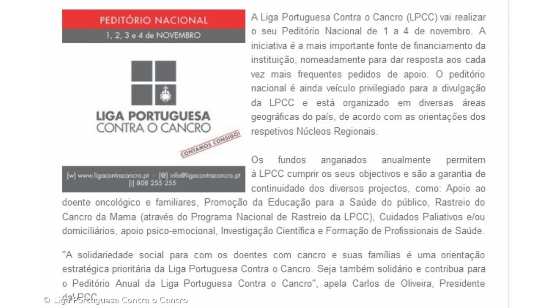 Peditório da Liga Portuguesa Contra o Cancro nas ruas de 1 a 4 de novembro