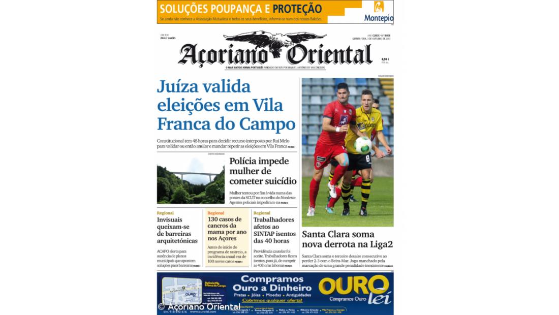 "Juíza valida eleições em Vila Franca do Campo" é a manchete do Açoriano Oriental