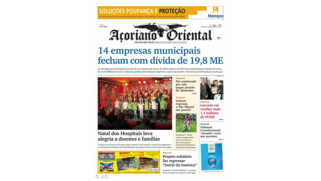"14 empresas municipais fecham com dívida de 19,8 ME" é a manchete do Açoriano Oriental