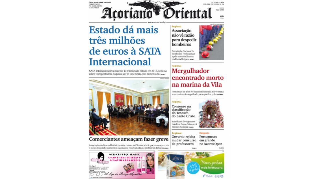 "Estado dá mais três milhões de euros à SATA Internacional" é a manchete do Açoriano Oriental