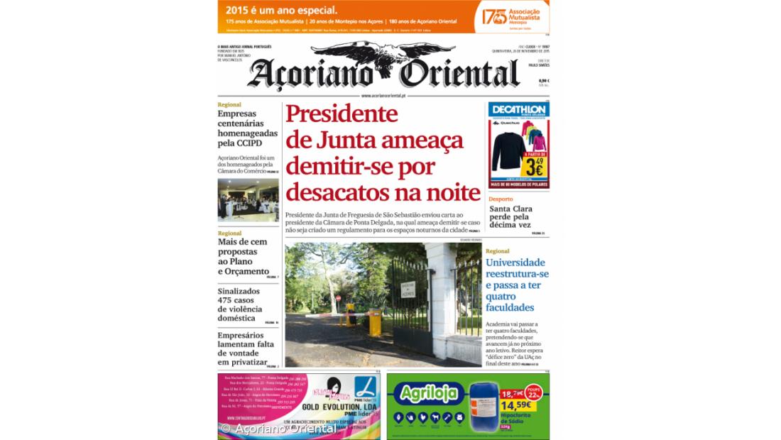 "Presidente de Junta ameaça demitir-se por desacatos na noite" é a manchete do Açoriano Oriental