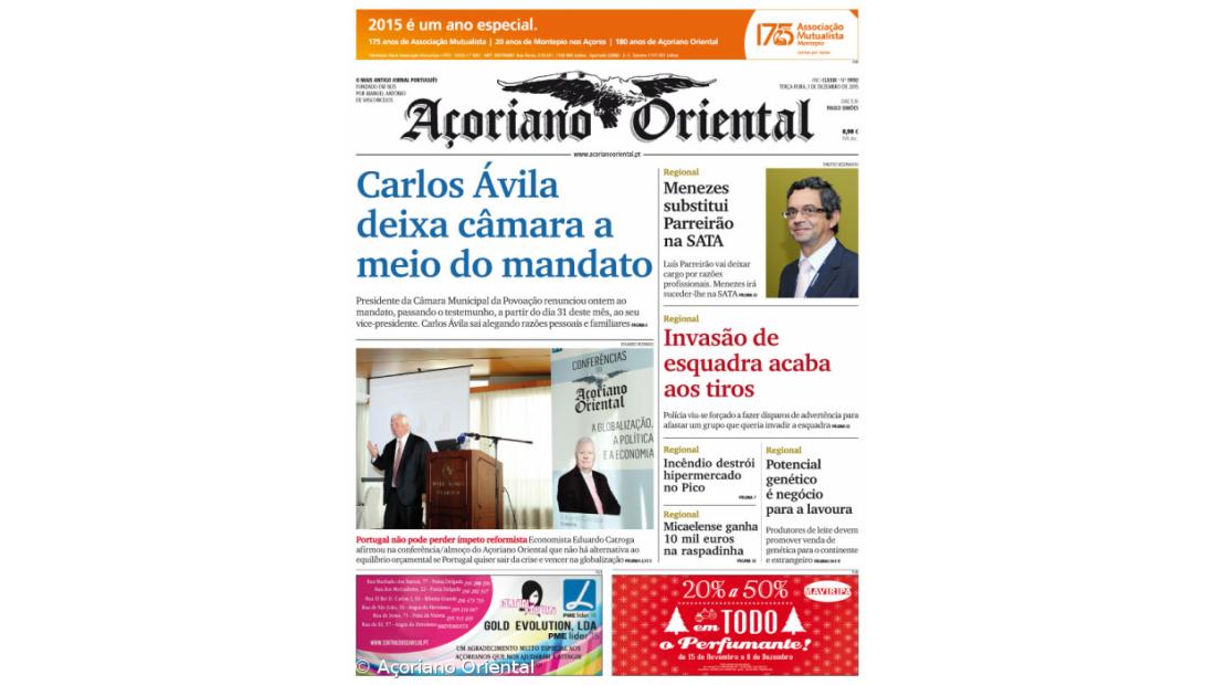 "Carlos Ávila deixa câmara a meio do mandato" é a manchete do Açoriano Oriental