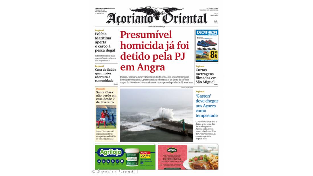 "Presumível homicida já foi detido pela PJ em Angra" é a manchete do Açoriano Oriental