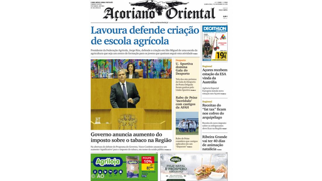 "Lavoura defende criação de escola agrícola" é a manchete do Açoriano Oriental