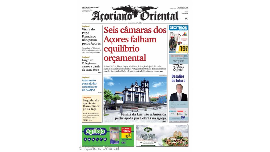 "Seis câmaras dos Açores falham equilíbrio orçamental" é a manchete do Açoriano Oriental