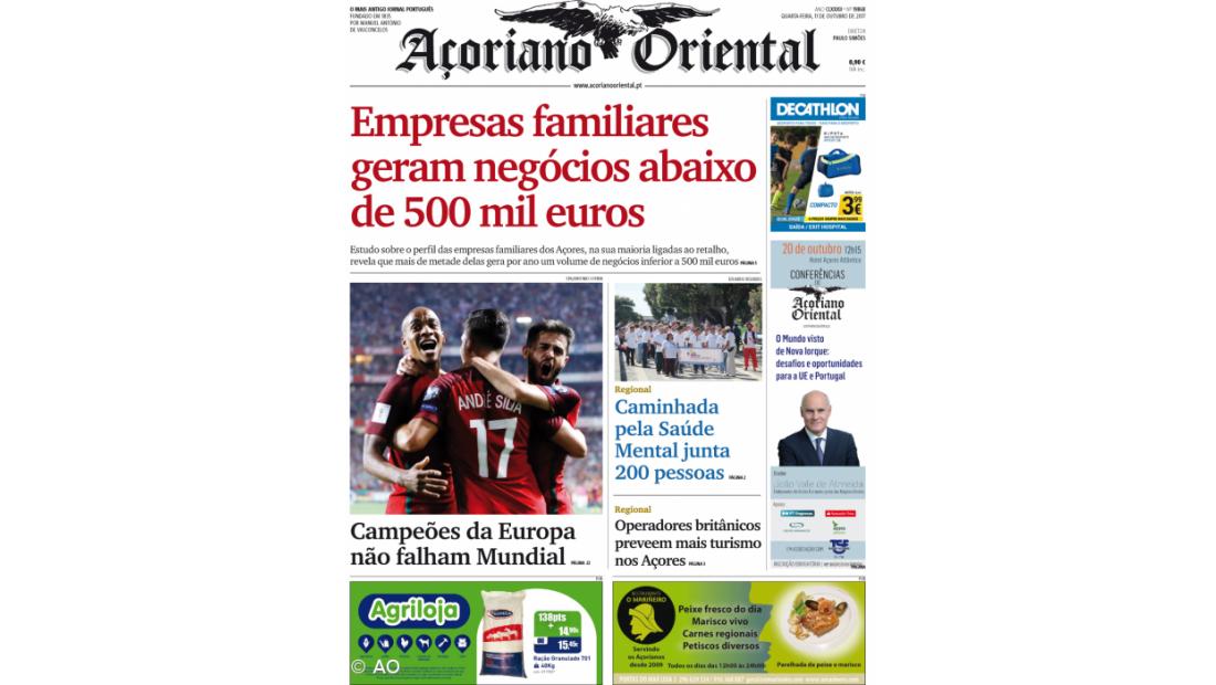 "Empresas familiares geram negócios abaixo de 500 mil euros" é a manchete do Açoriano Oriental 
