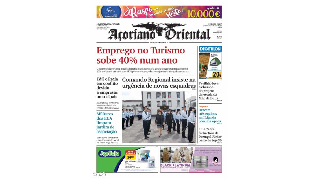 "Emprego no Turismo sobe 40% num ano" é a manchete do Açoriano Oriental