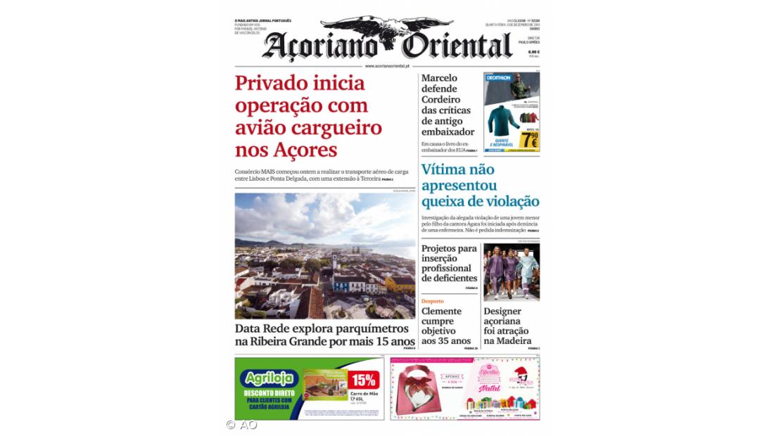 "Privado inicia operação com avião cargueiro nos Açores" é a manchete do Açoriano Oriental
