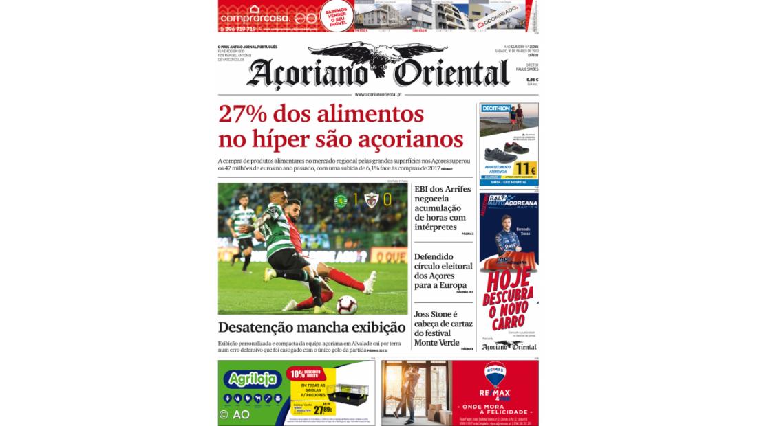 "27% dos alimentos no híper são açorianos" é a manchete do Açoriano Oriental