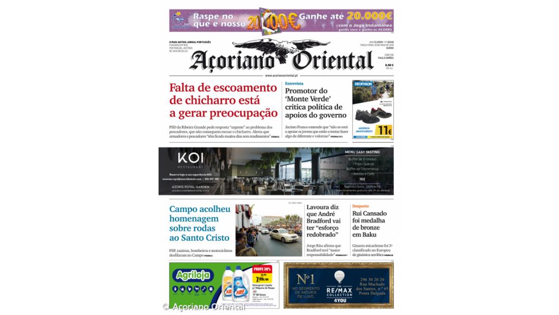 "Falta de escoamento de chicharro está a gerar preocupação" é a manchete do Açoriano Oriental – Imagem 1