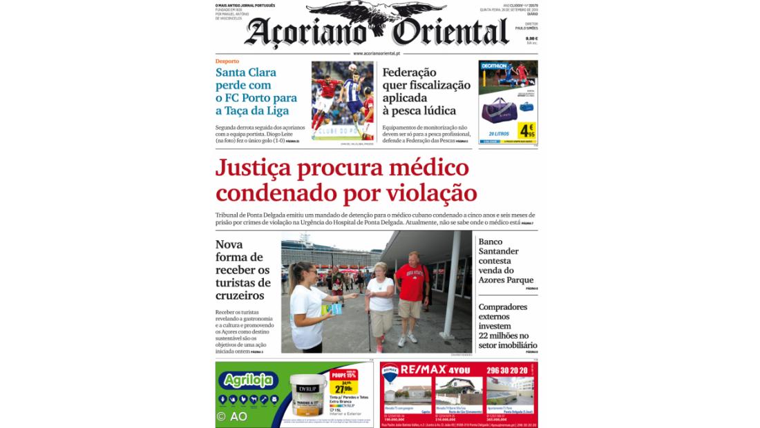 "Justiça procura médico condenado por violação" é a manchete do Açoriano Oriental