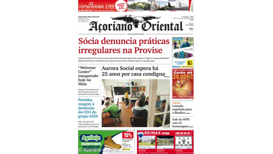 "Sócia denuncia práticas irregulares na Provise" é a manchete do Açoriano Oriental