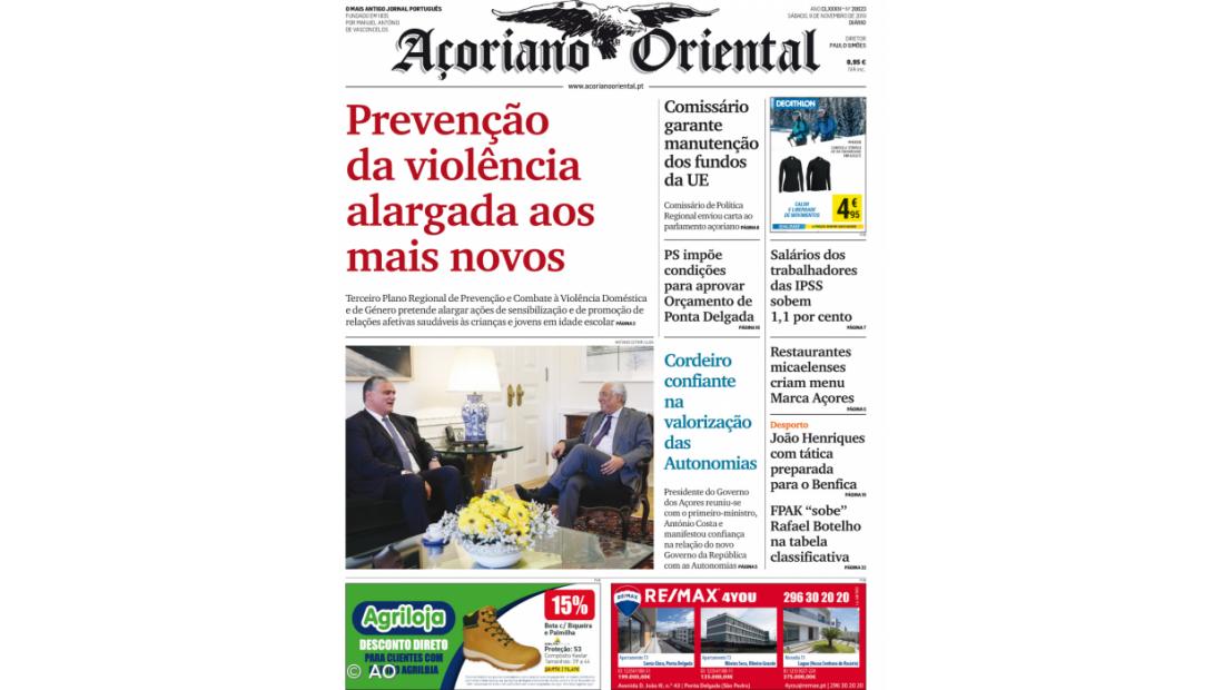 "Prevenção da violência alargada aos mais novos" é a manchete do Açoriano Oriental