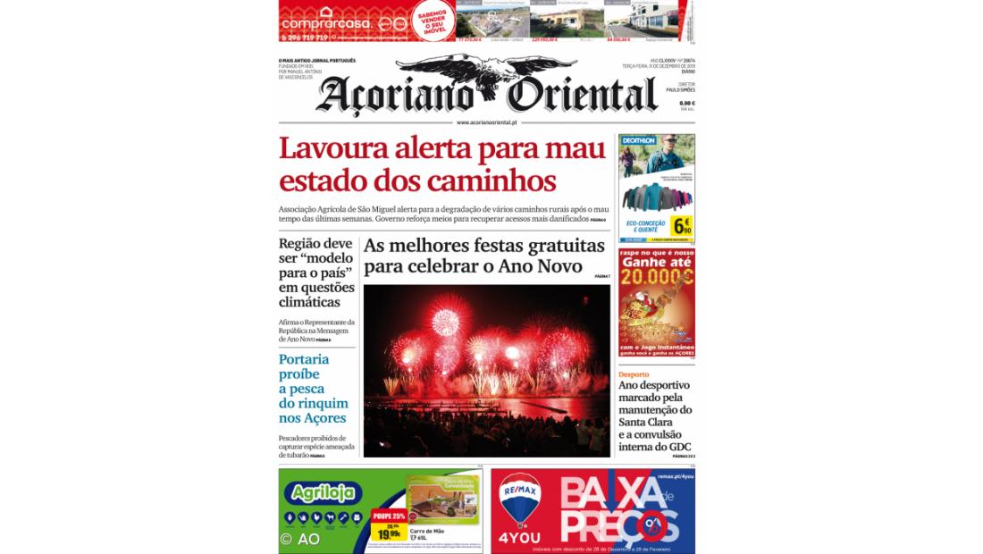 "Lavoura alerta para mau estado dos caminhos" é a manchete do Açoriano Oriental