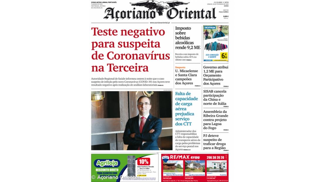 "Teste negativo para suspeita de Coronavírus na Terceira" é a manchete do Açoriano Oriental