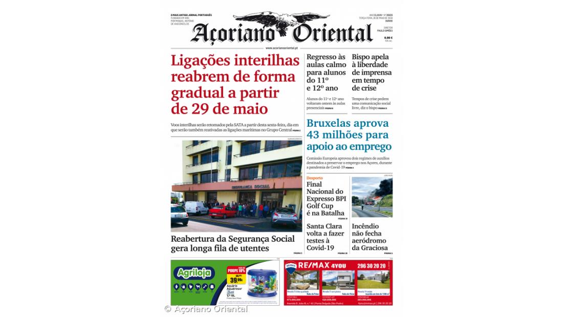 "Ligações interilhas reabrem de forma gradual a partir de 29 de maio" é a manchete do Açoriano Oriental