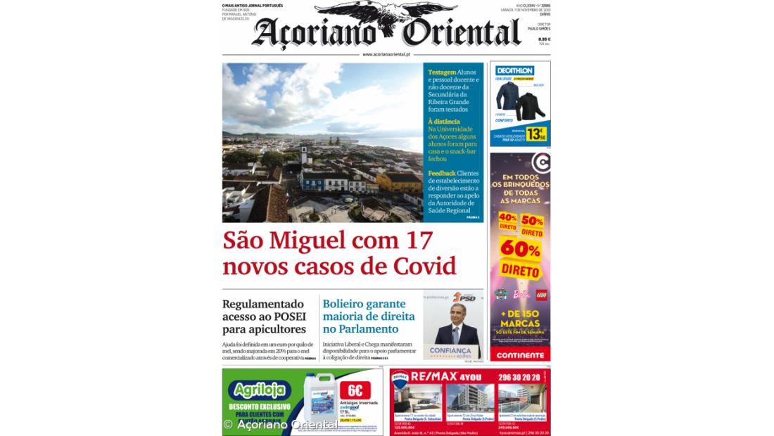 "São Miguel com 17 novos casos de Covid" é a manchete do Açoriano Oriental