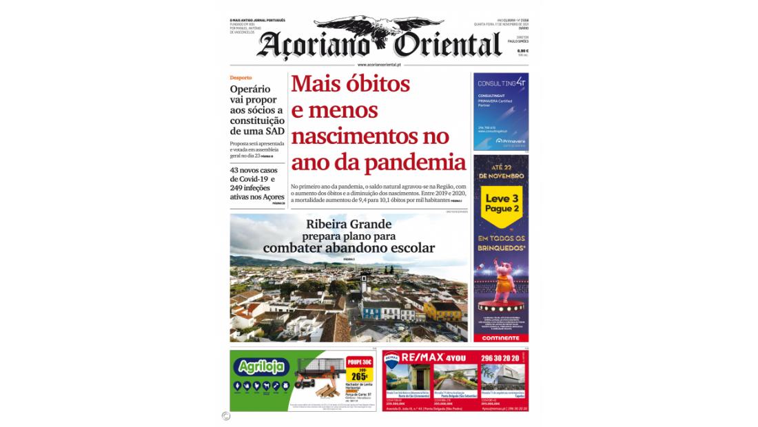 "Mais óbitos e menos nascimentos no ano da pandemia" é a manchete do Açoriano Oriental