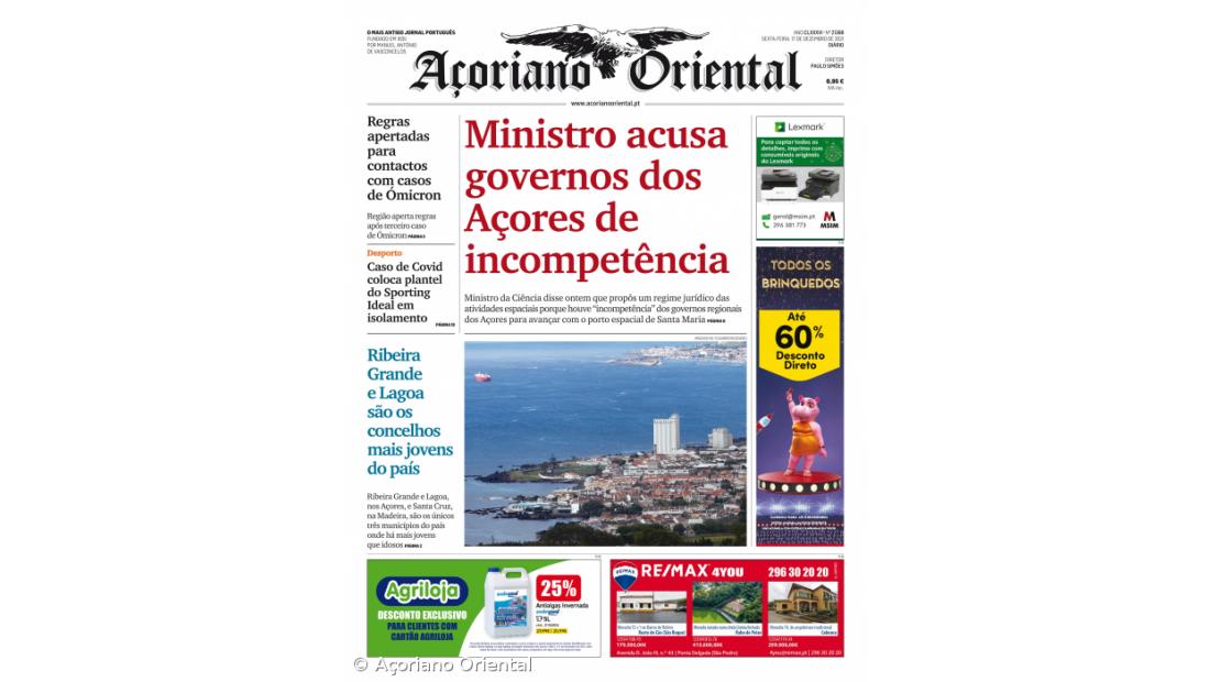 "Ministro acusa governos dos Açores de incompetência" é a manchete do Açoriano Oriental