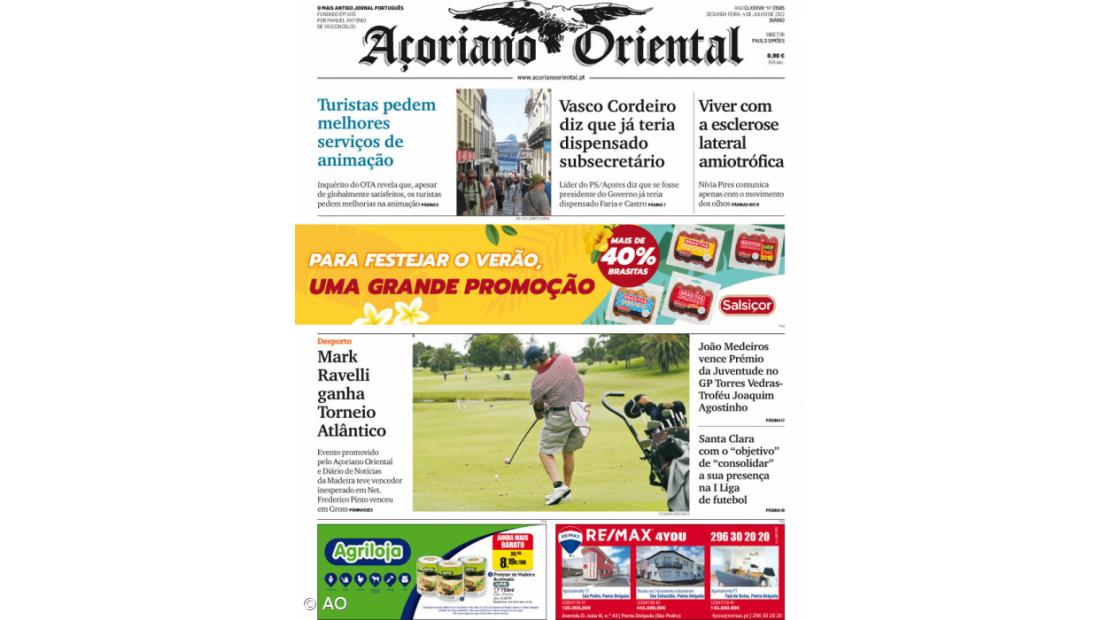 "Turistas pedem melhores serviços de animação" é a manchete do Açoriano Oriental