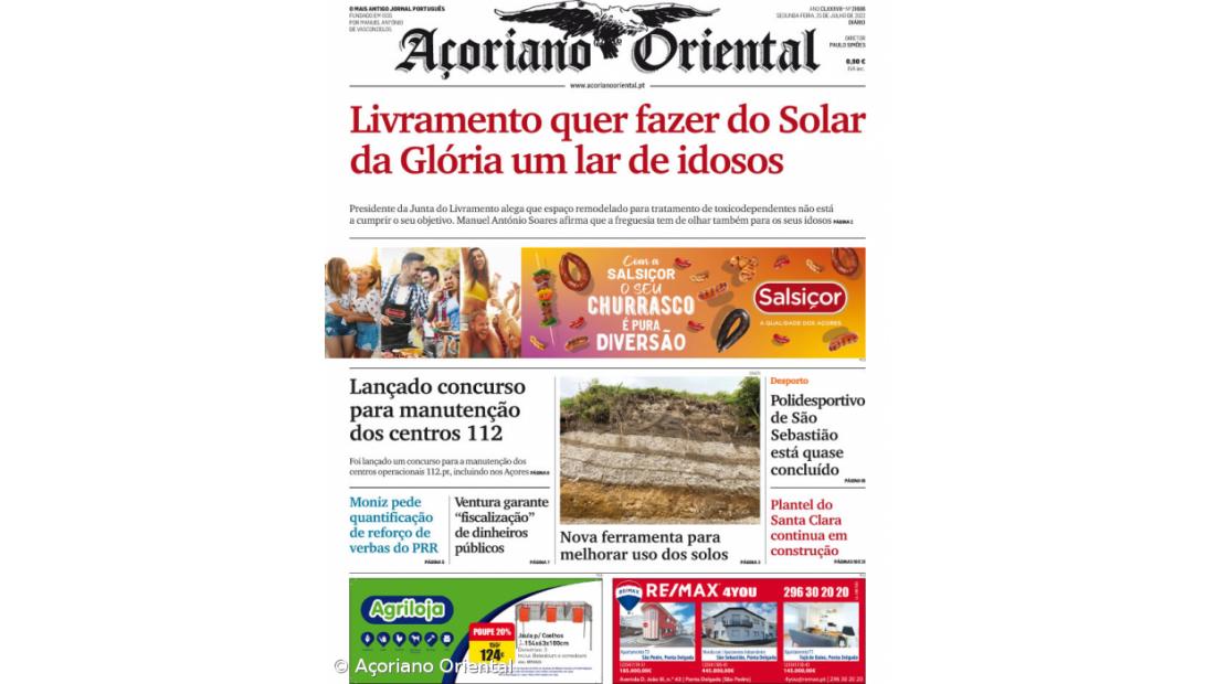 "Livramento quer fazer do Solar da Glória um lar de idosos" é a manchete do Açoriano Oriental