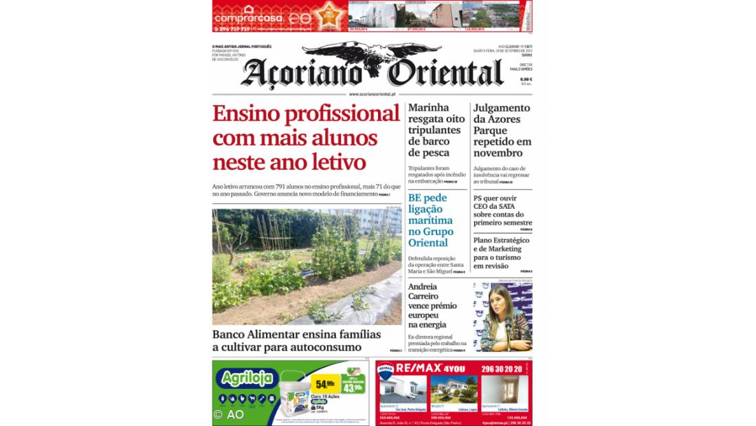 "Ensino profissional com mais alunos neste ano letivo" é a manchete do Açoriano Oriental