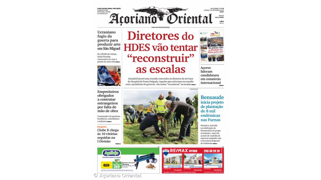 "Diretores do HDES vão tentar 'reconstruir' as escalas" é a manchete do Açroiano Oriental
