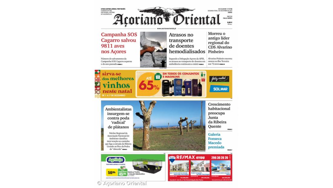 "Campanha SOS Cagarro salvou 9811 aves nos Açores" é a manchete do Açoriano Oriental