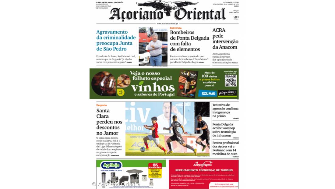 "Agravamento da criminalidade preocupa Junta de São Pedro" é a manchete do Açoriano Oriental