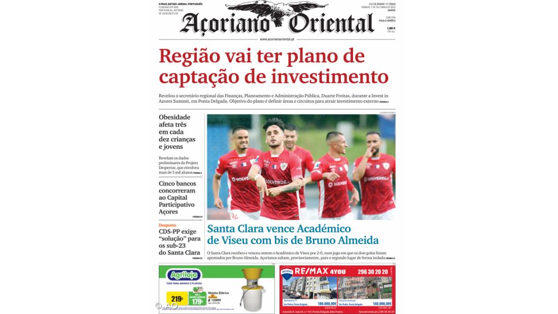 "Região vai ter plano de captação de investimento" é a manchete do Açoriano Oriental