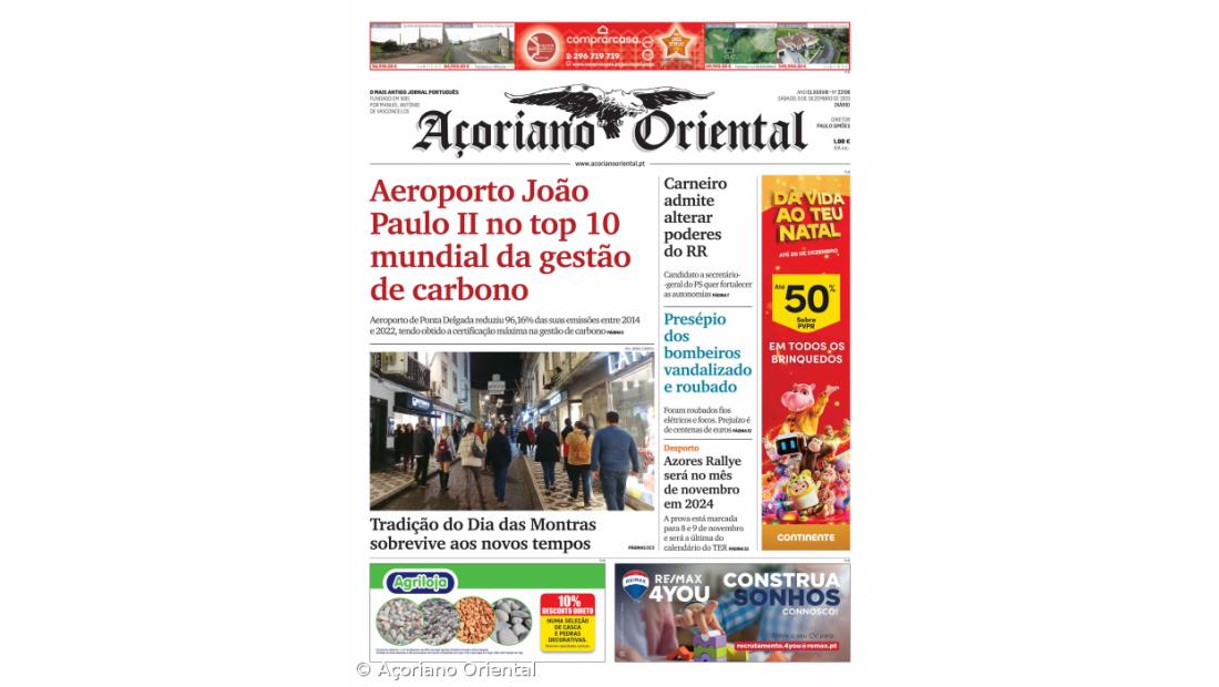 "Aeroporto João Paulo II no top 10 mundial da gestão de carbono" é a manchete do Açoriano Oriental