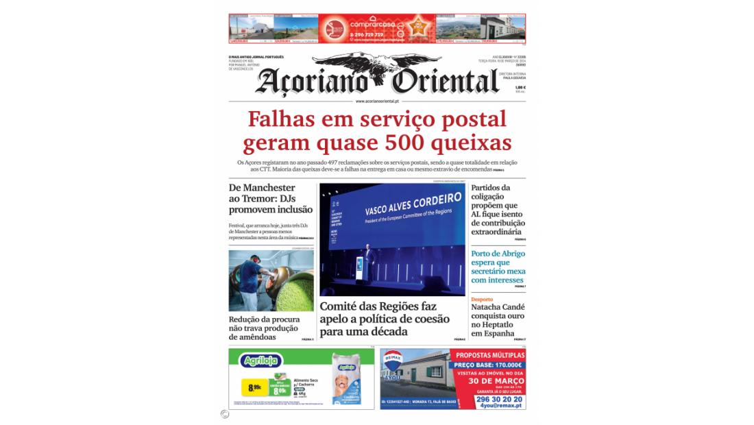 "Falhas em serviço postal geram quase 500 queixas" é a manchete do Açoriano Oriental