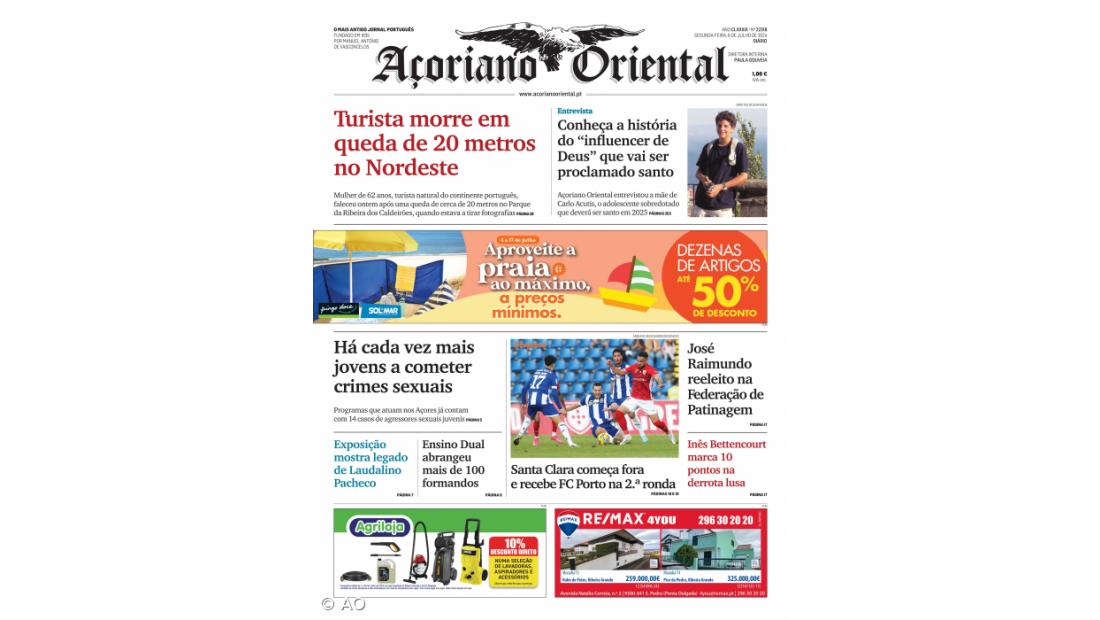 "Turista morre em queda de 20 metros no Nordeste" é a manchete do Açoriano Oriental