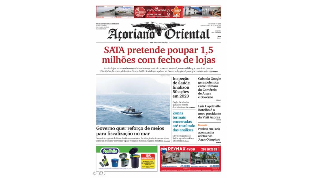 "SATA pretende poupar 1,5 milhões com fecho de lojas" é a manchete do Açoriano Oriental