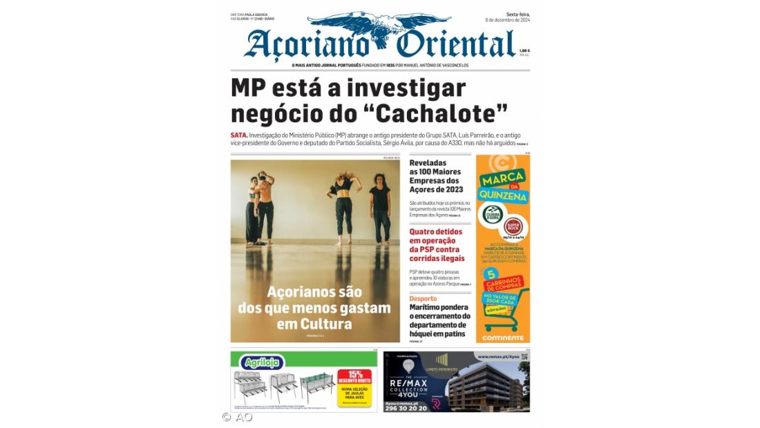 "MP está a investigar negócio do 'Cachalote'" é a manchete do Açoriano Oriental