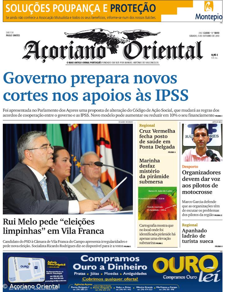 "Governo prepara novos cortes nos apoios às IPSS" é a manchete do Açoriano Oriental – Imagem 1