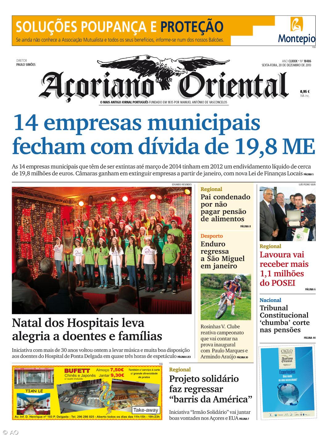 "14 empresas municipais fecham com dívida de 19,8 ME" é a manchete do Açoriano Oriental – Imagem 1