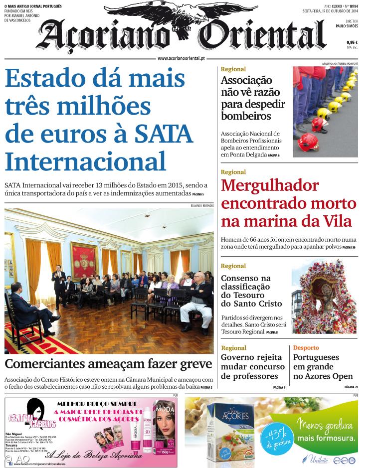 "Estado dá mais três milhões de euros à SATA Internacional" é a manchete do Açoriano Oriental – Imagem 1
