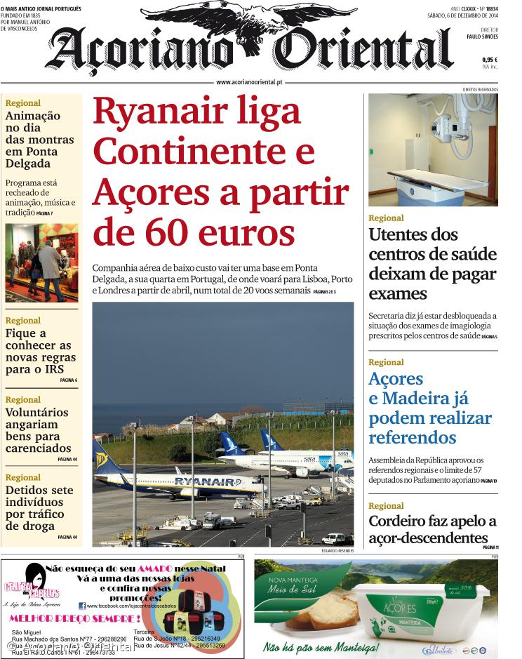 "Ryanair liga Continente e Açores a partir de 60 euros" é a manchete do Açoriano Oriental – Imagem 1