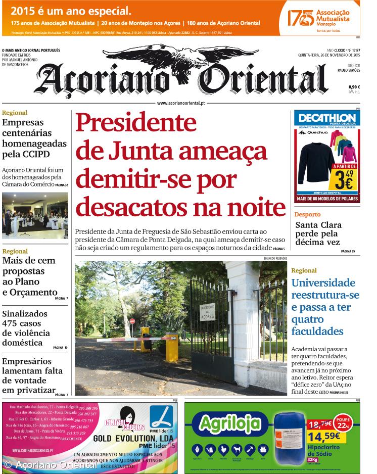 "Presidente de Junta ameaça demitir-se por desacatos na noite" é a manchete do Açoriano Oriental – Imagem 1