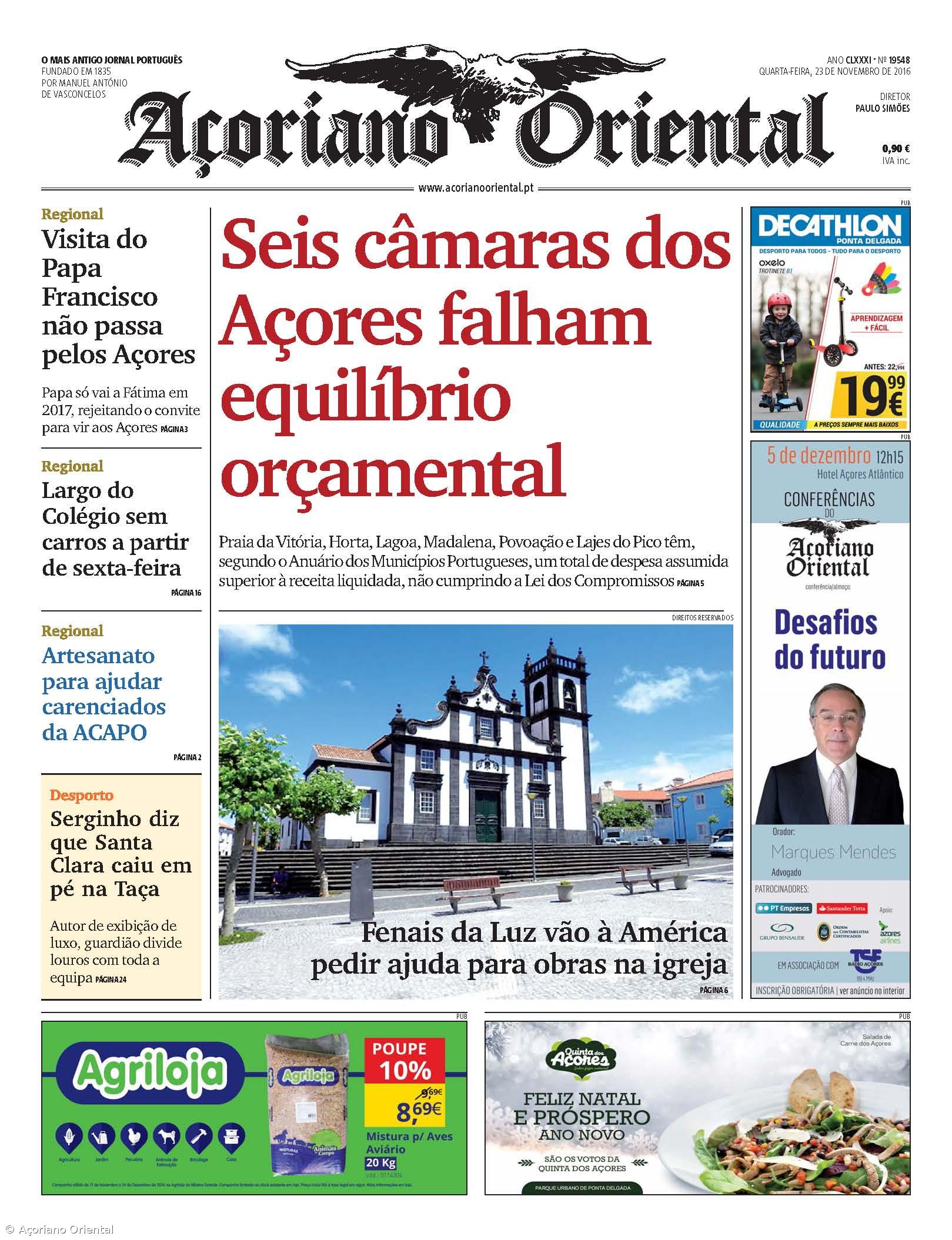 "Seis câmaras dos Açores falham equilíbrio orçamental" é a manchete do Açoriano Oriental – Imagem 1