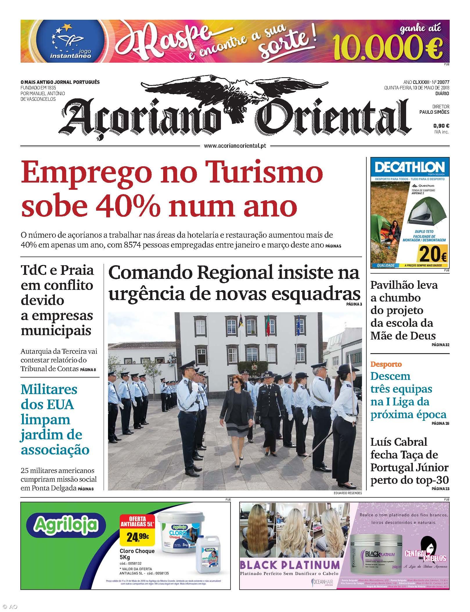 "Emprego no Turismo sobe 40% num ano" é a manchete do Açoriano Oriental – Imagem 1