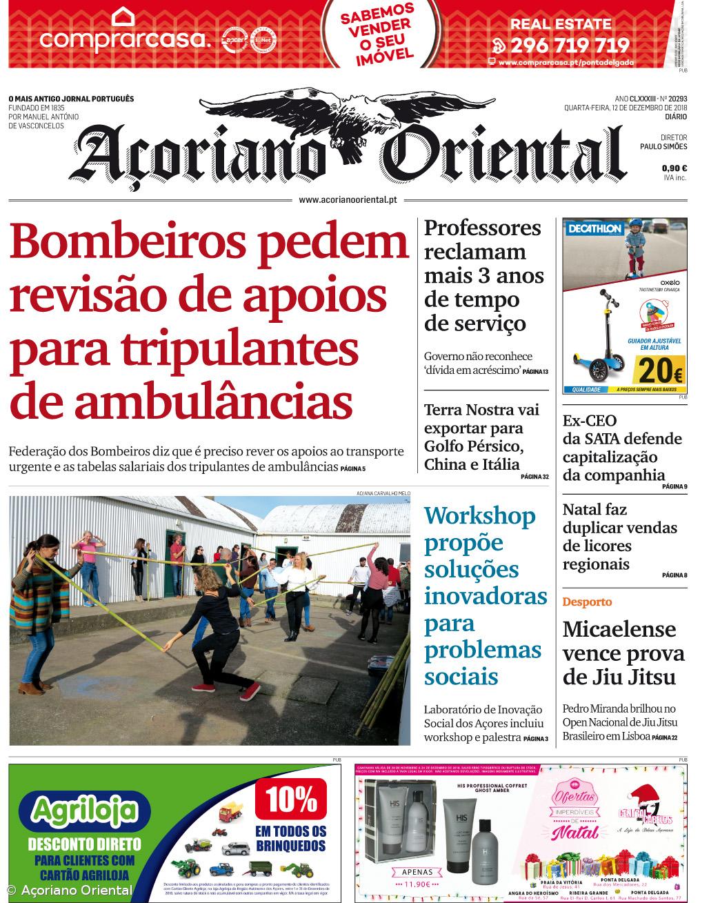 "Bombeiros pedem revisão de apoios para tripulantes de ambulâncias" é a manchete do Açoriano Oriental – Imagem 1