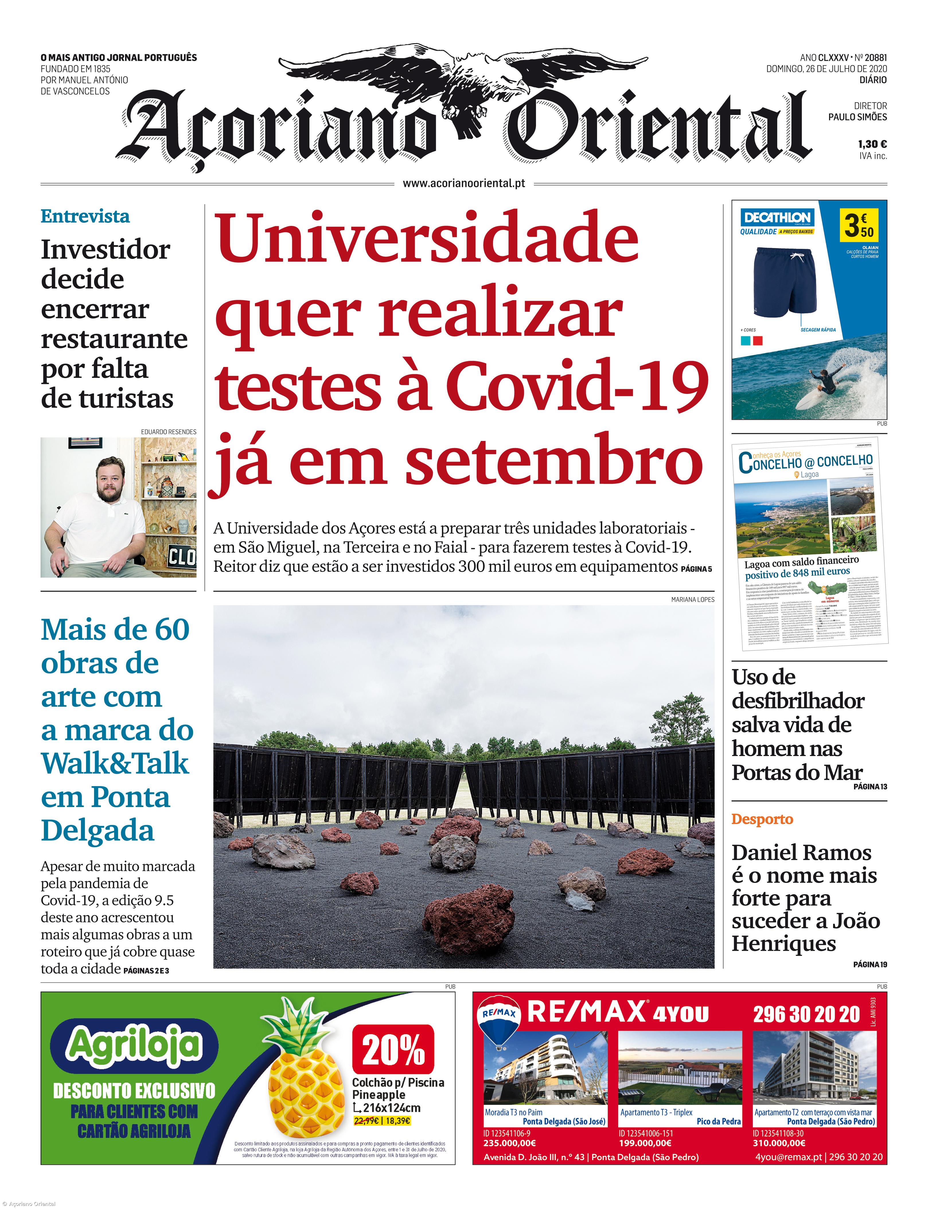 "Universidade quer realizar testes à Covid-19 já em setembro" é a manchete do Açoriano Oriental – Imagem 1