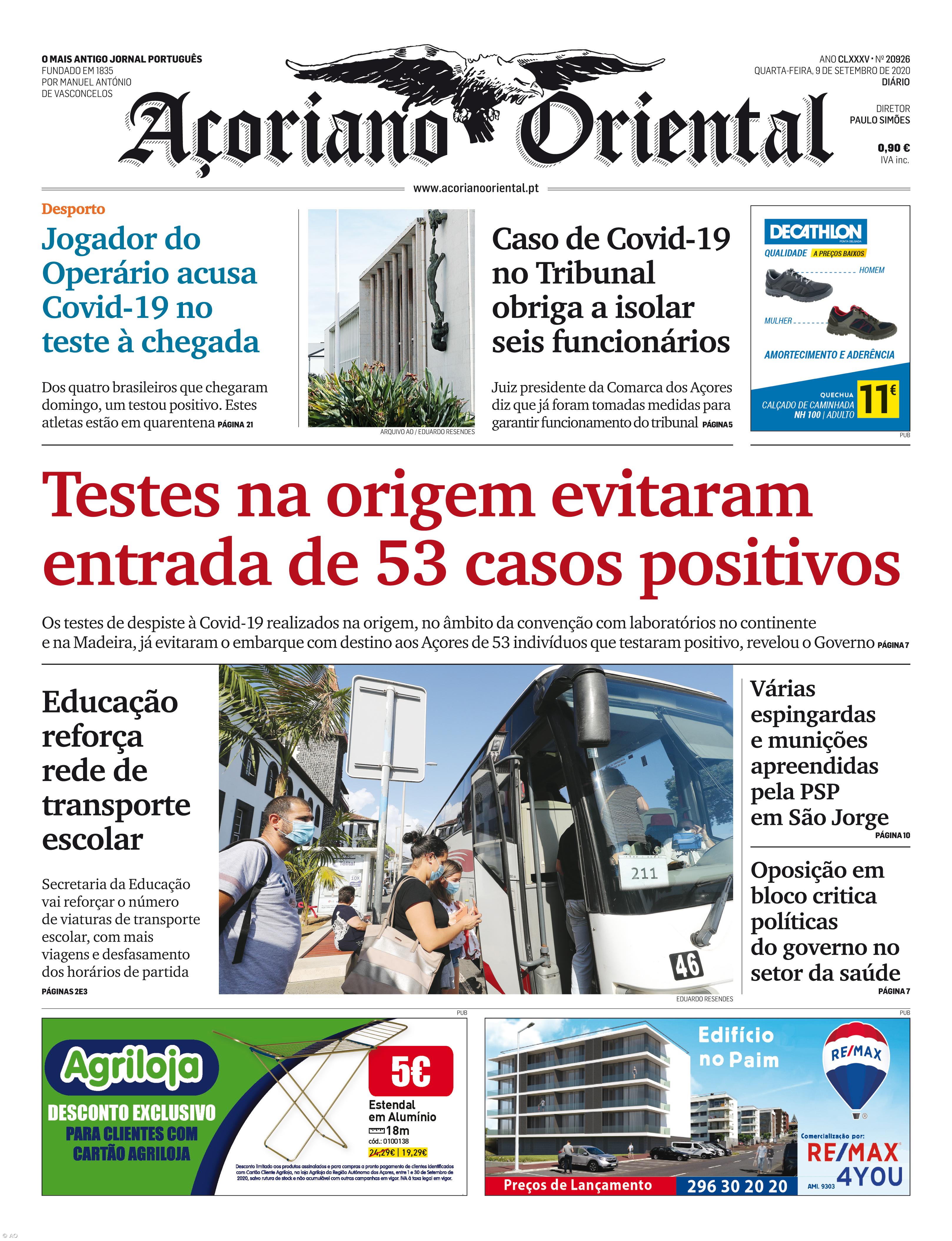 "Testes na origem evitaram entrada de 53 casos positivos" é a manchete do Açoriano Oriental – Imagem 1