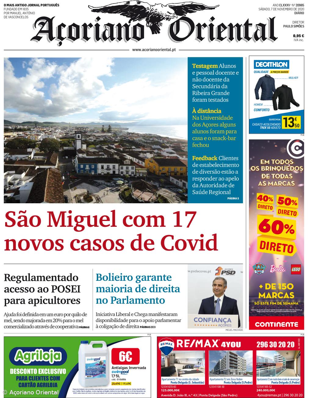 "São Miguel com 17 novos casos de Covid" é a manchete do Açoriano Oriental – Imagem 1
