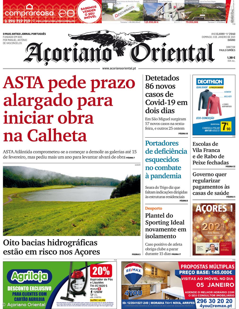 "ASTA pede prazo alargado para iniciar obra na Calheta" é a manchete do Açoriano Oriental – Imagem 1