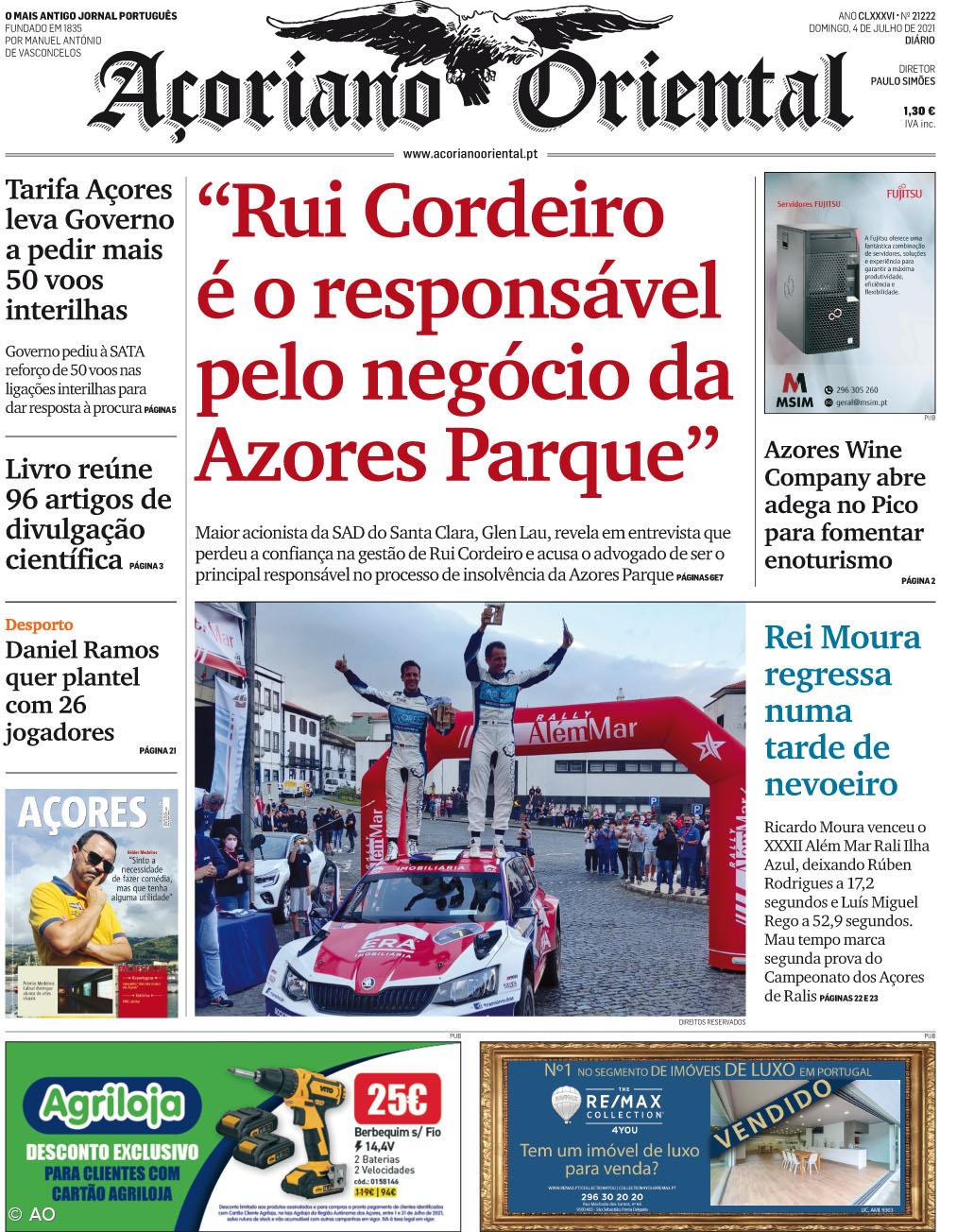 A entrevista com o maior acionista da SAD do Santa Clara, Glen Lau, em que este acusa Rui Cordeiro de ser o "responsável pelo negócio da Azores Parque" é a manchete do Açoriano Oriental – Imagem 1