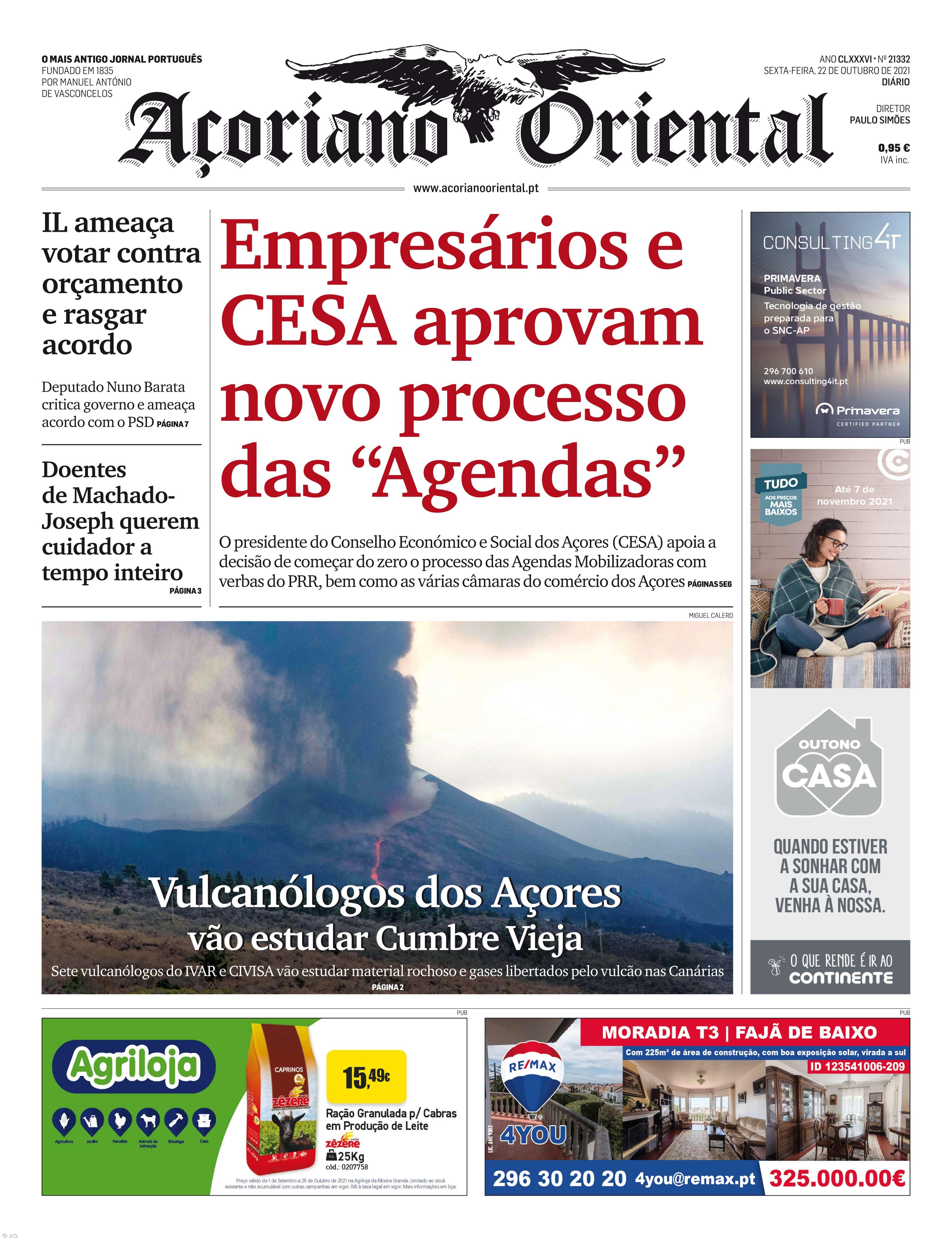 "Empresários e CESA aprovam novo processo das 'Agendas'" é a manchete do Açoriano Oriental – Imagem 1